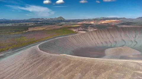 Hverfjall crater as seen from the air in a aerial drone panorama picture. Dry Stock Photos