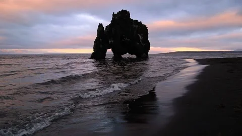 Hvítserkur - basalt stack  on the ocean coast. Stock Footage 154063081