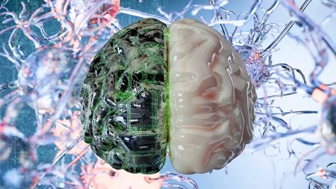 Hybrid Artificial Intelligence and Human Brain, Digital Technology Integration Stock Footage 341734064