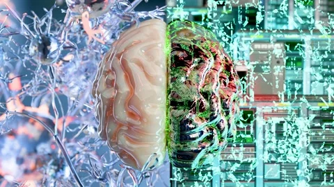Hybrid Artificial Intelligence and Human Brain, Digital Technology Integration Stock Footage 341734067