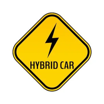 Hybrid car caution sticker. Save energy automobile warning sign. Lightning ic Stock Illustration