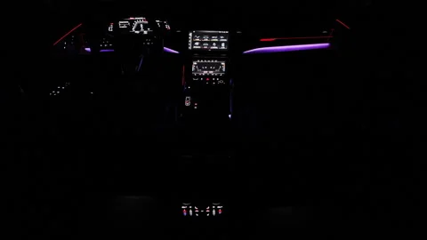Hybrid electric car Interior view in the cabin. Black leather cockpit with Stock Footage 335688372