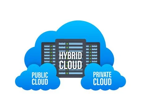 Hybrid network. Private cloud and public cloud. Vector stock illustration. Illustrazione stock