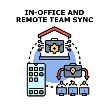Hybrid team sync connecting remote and in office workers Illustrazione stock