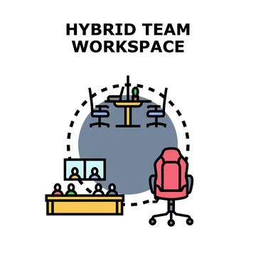 Hybrid team workspace combining remote and office collaboration Ilustración de archivo