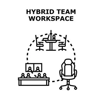 Hybrid team workspace combining remote and office collaboration Stock Illustration