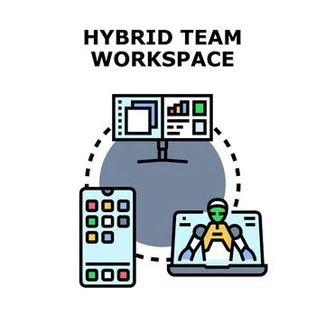 Hybrid team workspace connecting remote and office workers Stock Illustration