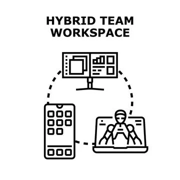Hybrid team workspace connecting remote and office workers Stock Illustration