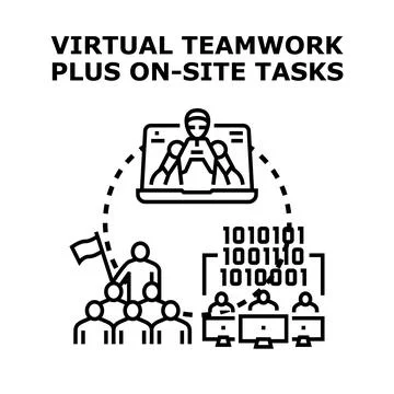 Hybrid teamwork combining virtual communication and on site collaboration Stock Illustration