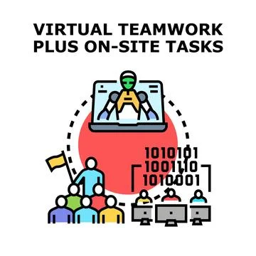Hybrid teamwork combining virtual communication and on site collaboration Stock Illustration