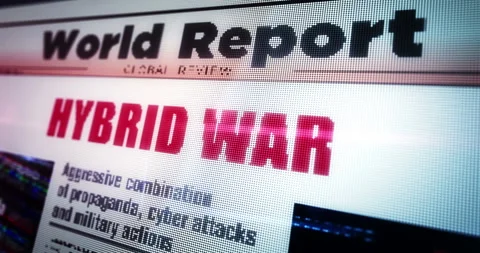 Hybrid war newspaper on mobile tablet screen Stock Footage 303605455