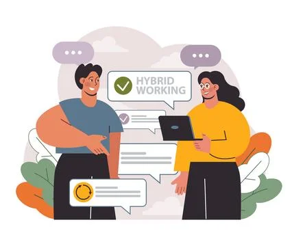 Hybrid work. Characters with a flexible schedule, working from office Stock Illustration