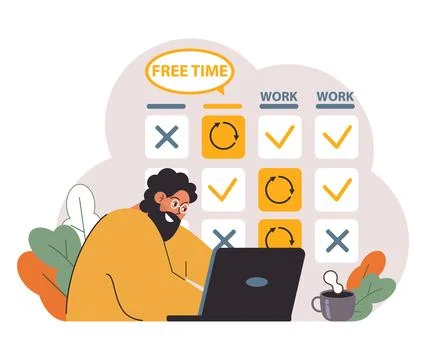 Hybrid work. Characters with a flexible schedule, working from office Stock Illustration