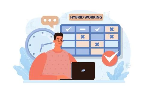 Hybrid work. Characters with a flexible schedule, working from office 库存插图