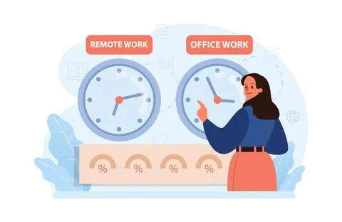 Hybrid work. Characters with a flexible schedule, working from office Stock Illustration