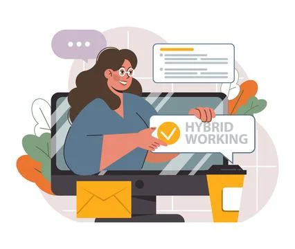 Hybrid work. Characters with a flexible schedule, working from office 库存插图