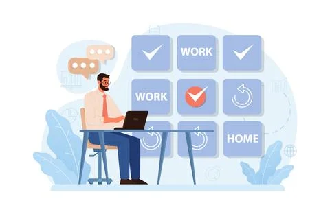 Hybrid work. Characters with a flexible schedule, working from office 库存插图