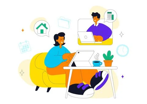 Hybrid Work Lifestyle Remote Office and Home Workspace With People Using La.. Stockillustratie