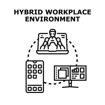 Hybrid workplace environment linking remote work technology 스톡 일러스트