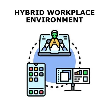 Hybrid workplace environment linking remote work technology Stock Illustration