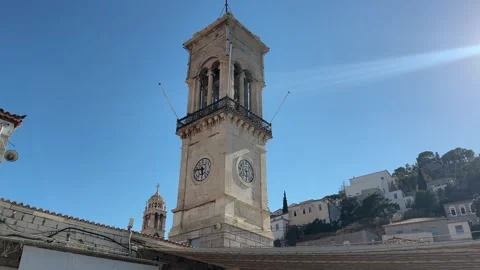 Hydra Greece – Iconic Clock Tower on Charming Greek Island, Mediterranean Sea Stock Footage 337424120