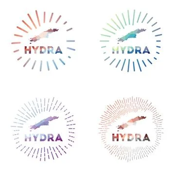 Hydra low poly sunburst set. Logo of island in geometric polygonal style. V.. Illustrazione stock