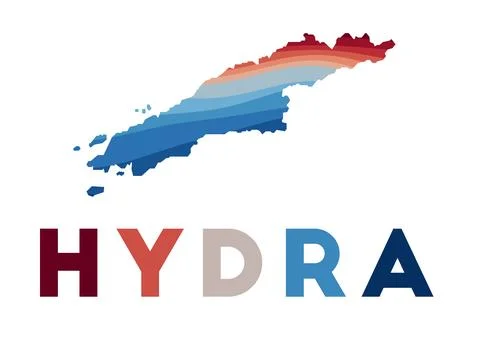 Hydra map. Map of the island with beautiful geometric waves in red blue col.. Illustrazione stock