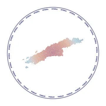 Hydra round logo. Digital style shape of Hydra in dotted circle with island.. Illustrazione stock
