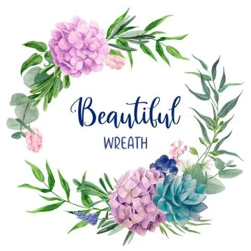 Hydrangea and leaves, Botanical round wreath, watercolor hand drawn Stock Illustration