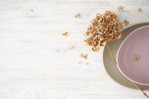 Hydrangea, dried flowers and plates on a wooden background with space fo text Foto stock