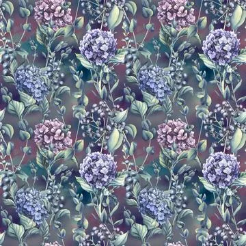 Hydrangea flowers of blue, lilac and pink flowers with eucalyptus branches on a Illustrazione stock
