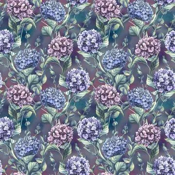 Hydrangea flowers of blue, lilac and pink flowers with eucalyptus branches on a Illustrazione stock