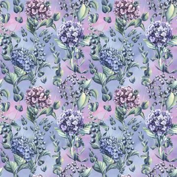 Hydrangea flowers of blue, lilac and pink flowers with eucalyptus branches on a Stock Illustration