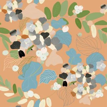 Hydrangea flowers, decorative berries and leaves. Seamless pattern. Garden pl Stock Illustration