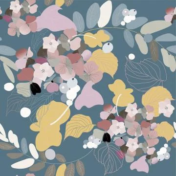 Hydrangea flowers, decorative berries and leaves. Seamless pattern. Garden pl Stock Illustration