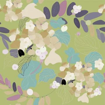 Hydrangea flowers, decorative berries and leaves. Seamless pattern. Garden pl Stock Illustration