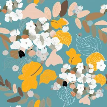 Hydrangea flowers, decorative berries and leaves. Seamless pattern. Garden pl Stock Illustration
