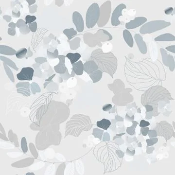 Hydrangea flowers, decorative berries and leaves. Seamless pattern. Garden pl Stock Illustration