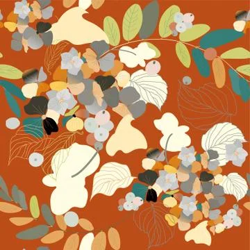Hydrangea flowers, decorative berries and leaves. Seamless pattern. Garden pl Illustrazione stock