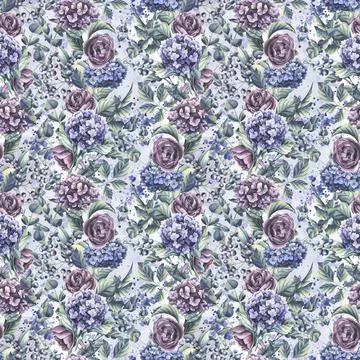 Hydrangea flowers, roses with leaves, eucalyptus branches and decorative berries Illustrazione stock