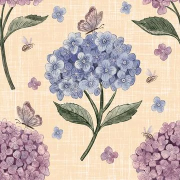 Hydrangea Pattern with Butterflies and Bees on Textured Peach. Seamless Stock Illustration