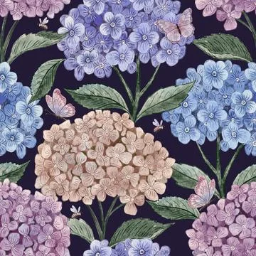 Hydrangea Pattern with Butterflies and Bees on Dark Purple. Seamless botanical Stock Illustration