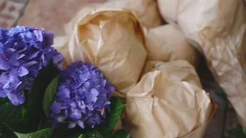 Hydrangea for Wedding Ceremony Packed in Kraft Paper Stock Footage 70985956