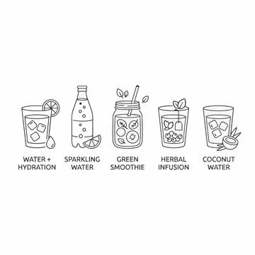 Hydrating drinks, refreshing beverages, water, smoothie, infusion Silhouette Stock Illustration