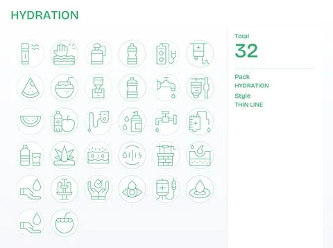 Hydration Modern Vector Collection with 32 Thin Line Retina Ready PIXEL Per.. Stock Illustration