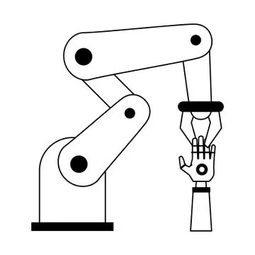Hydraulic arm holding bionic hand in black and white Illustrazione stock