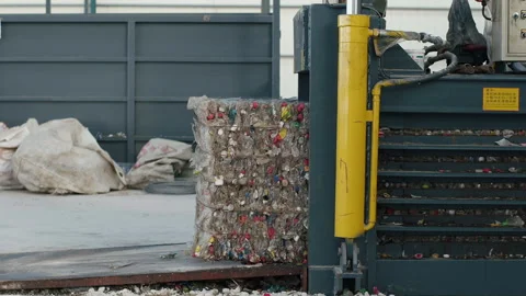 Hydraulic baler press ejecting compressed plastic waste for recycling Vídeo Stock 333209649