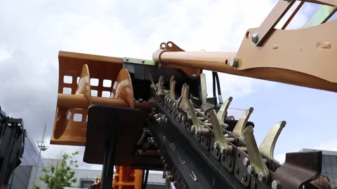 Hydraulic control system of excavator boom in operation on construction site Stock Footage 149805984