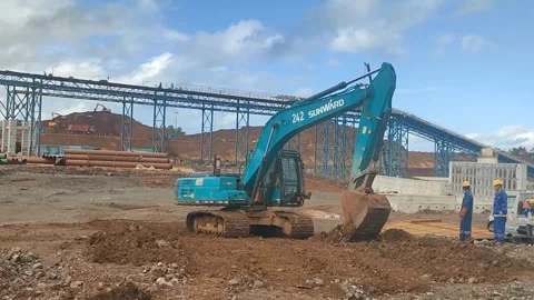 Hydraulic Excavator Performing Earthmoving at Mining Site Viewed from Crane Oper 스톡 동영상 337153329