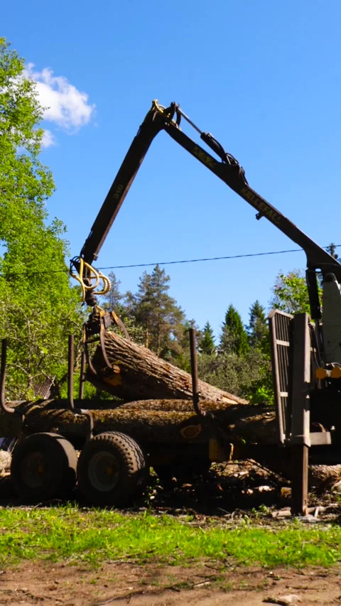 Hydraulic forwarder crane loading large timber logs onto a truck Stock Footage 346022406